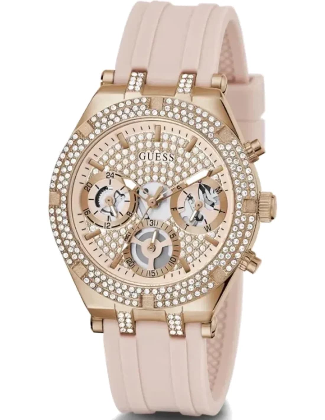 Montre Femme Guess Heiress GW0407L3 bracelet silicone rose boitier orné de strass