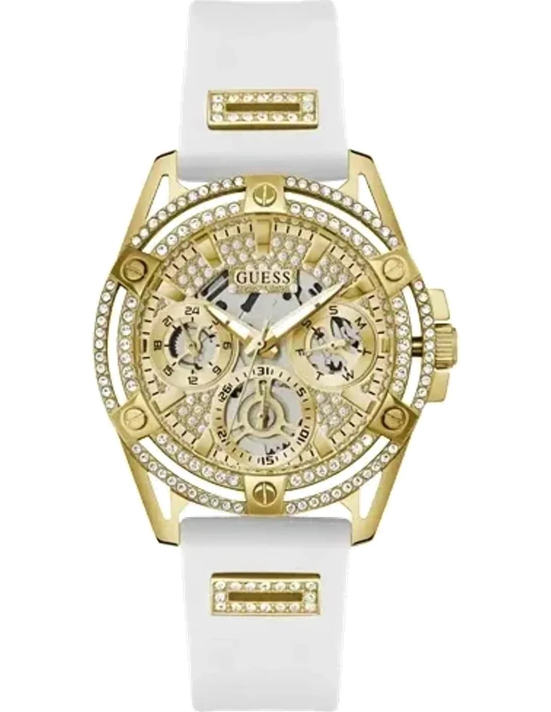 Montre Femme Guess Queen GW0536L2 bracelet silicone blanc boitier doré orné de strass