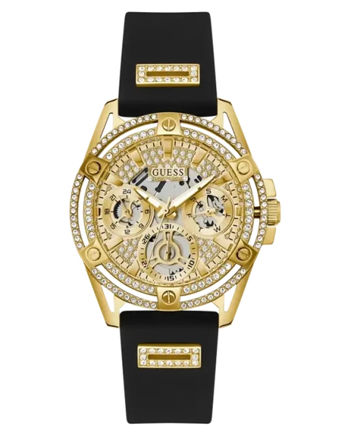 Montre Femme Guess Queen GW0536L3 bracelet silicone noir boitier doré orné de strass