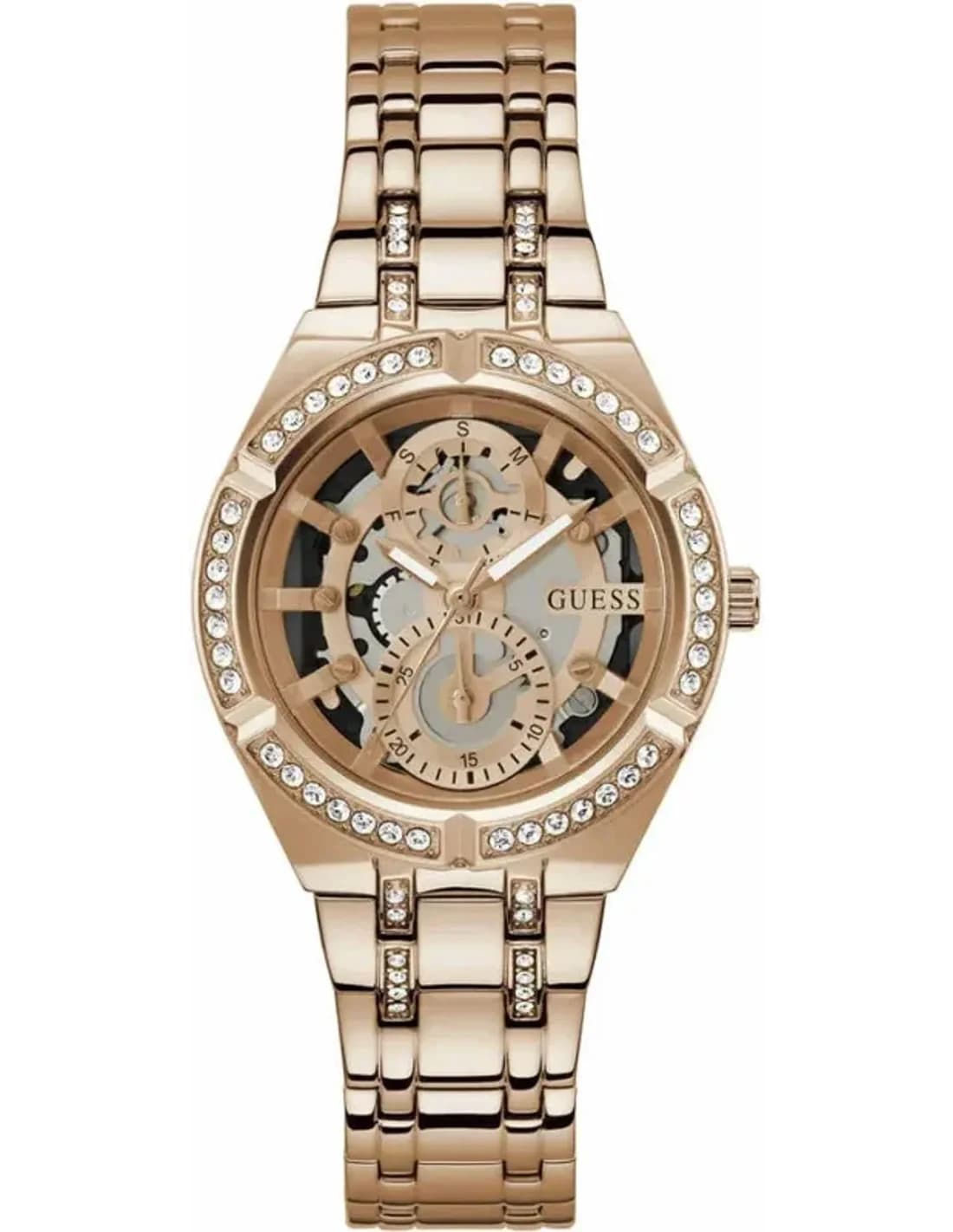 Montre Femme Guess Allara GW0604L3 bracelet acier or rose cadran squelette cristaux multifonctions