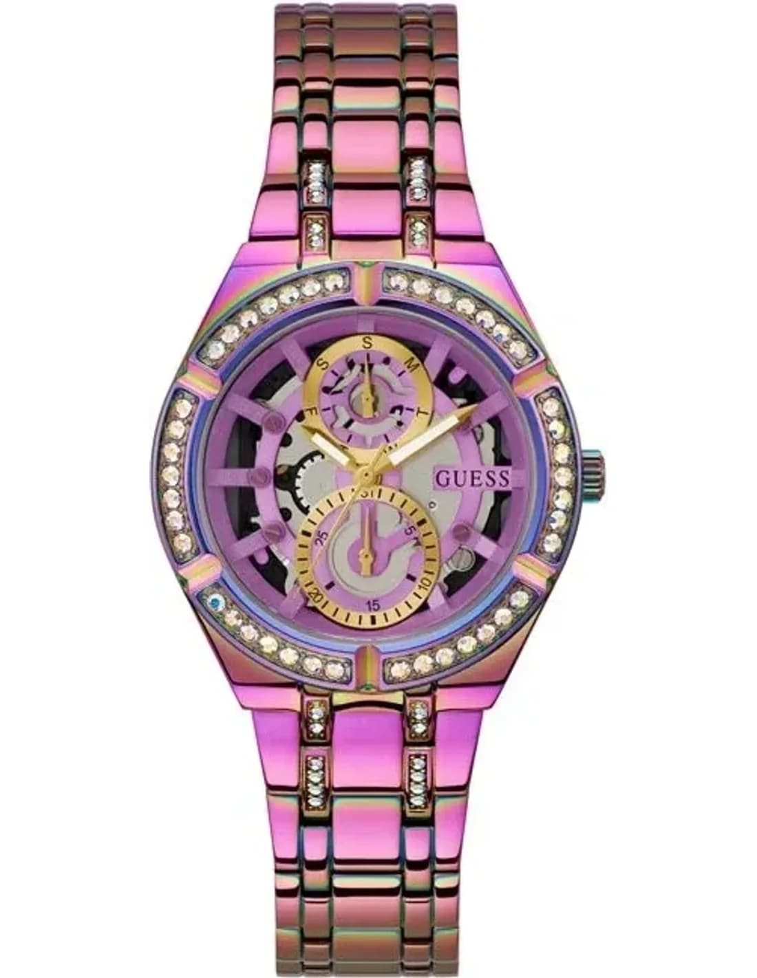 Montre Femme Guess Allara GW0604L4 bracelet acier arc-en-ciel cadran squelette cristaux multifonctions