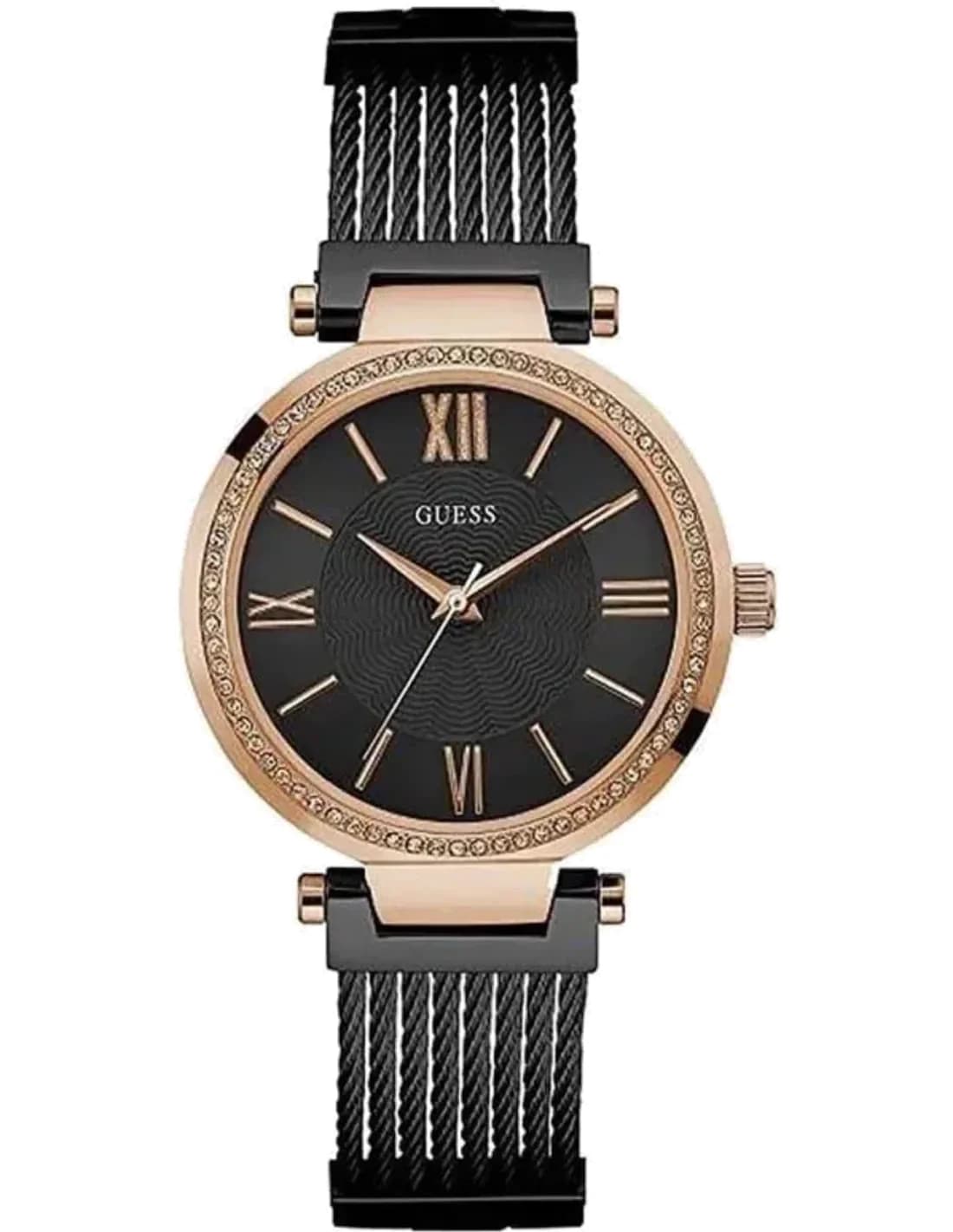 Montre Femme Guess Boîtier en or rose W0638L5 Cadran noir Bracelet en maille Quartz
