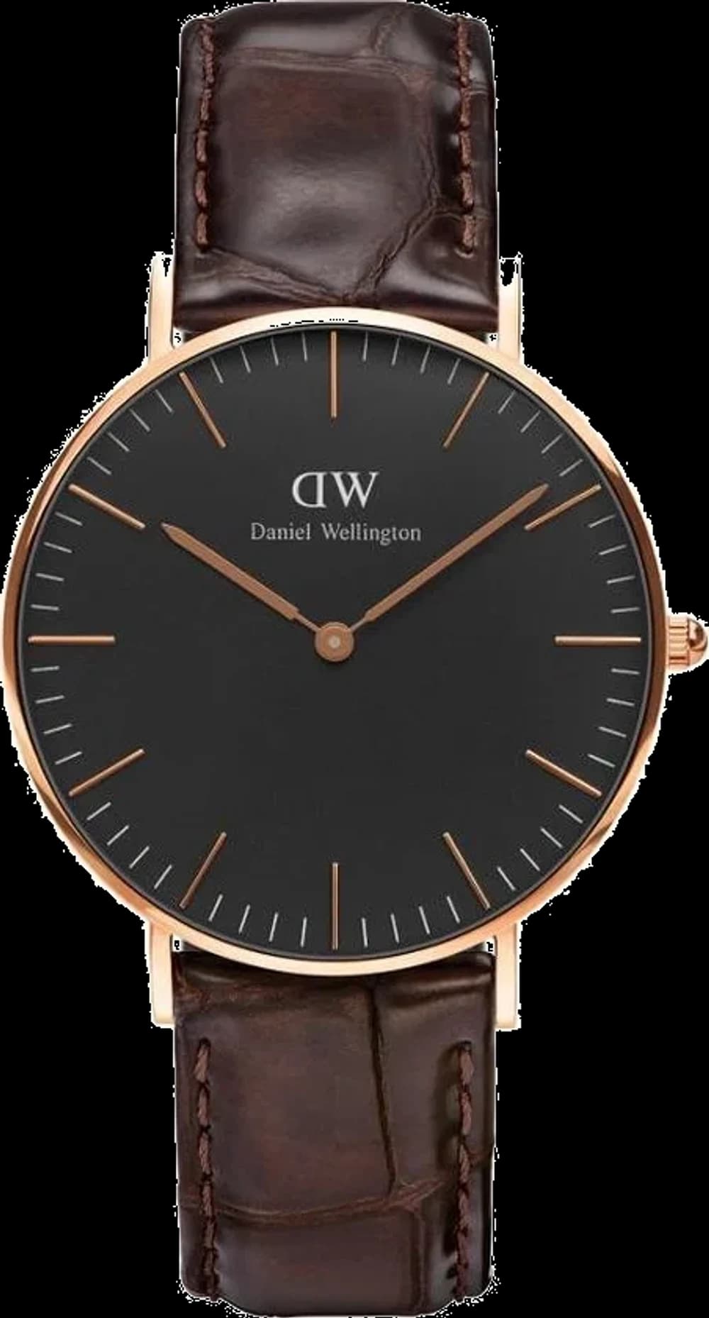 Montre femme Daniel Wellington DW00100140, cadran noir subtil sur cuir marron