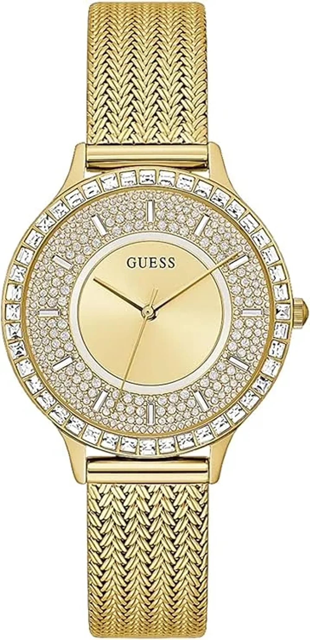 Montre femme Guess GW0402L2, boîtier doré serti de cristaux, maille milanaise