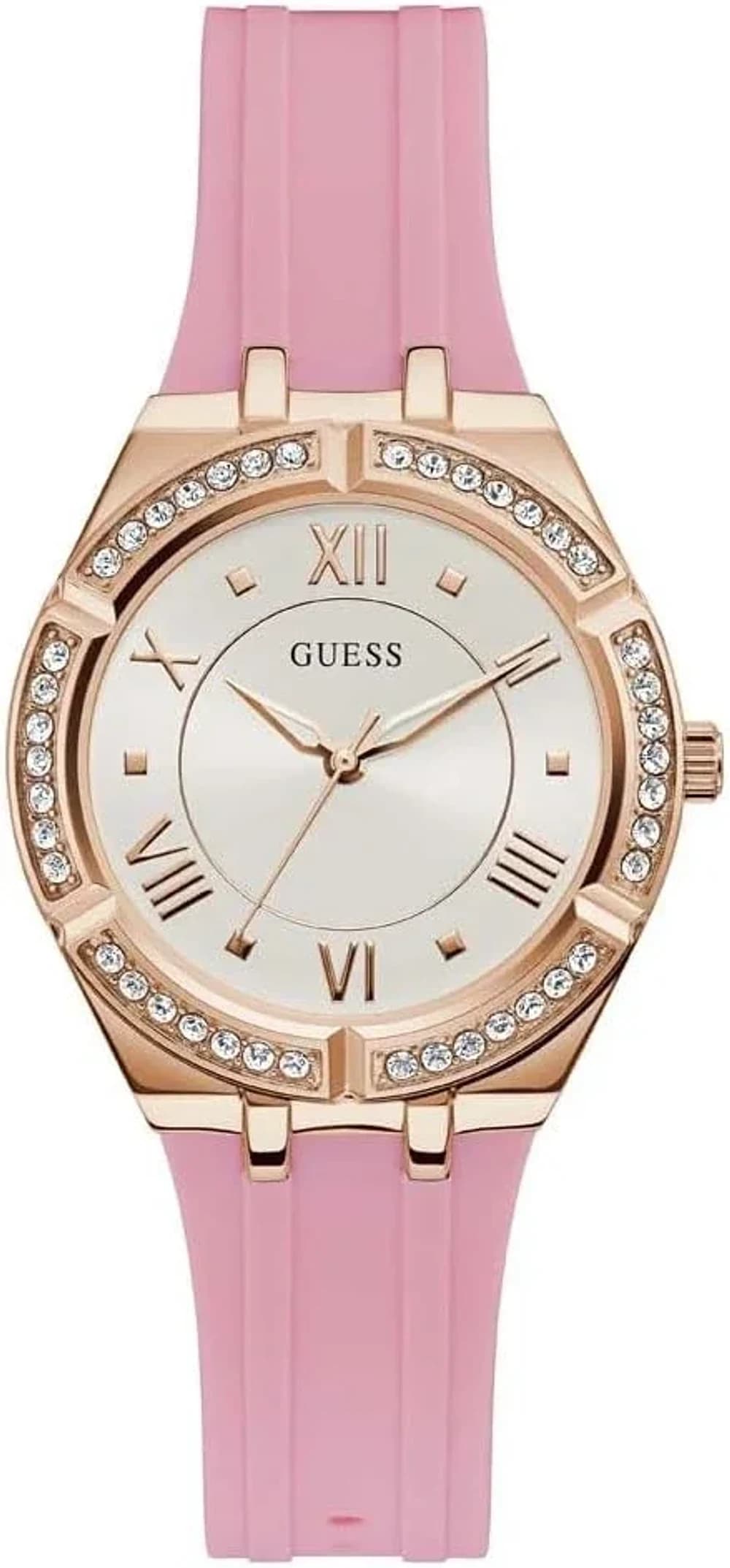 Montre Femme Guess Or Rose 36mm Boîtier GW0034L3 Cadran Blanc Bracelet en Silicone Rose