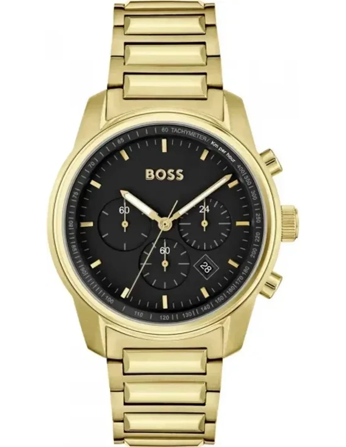Montre Homme Hugo Boss Trace 1514006 bracelet acier doré cadran noir multifonction