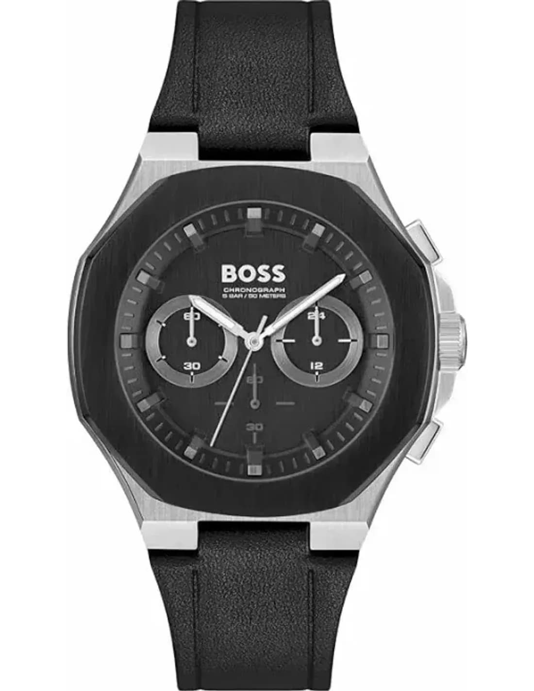 Montre Hugo Boss 1514085 Chronographe à Lunette Octogonale et Bracelet Cuir Noir