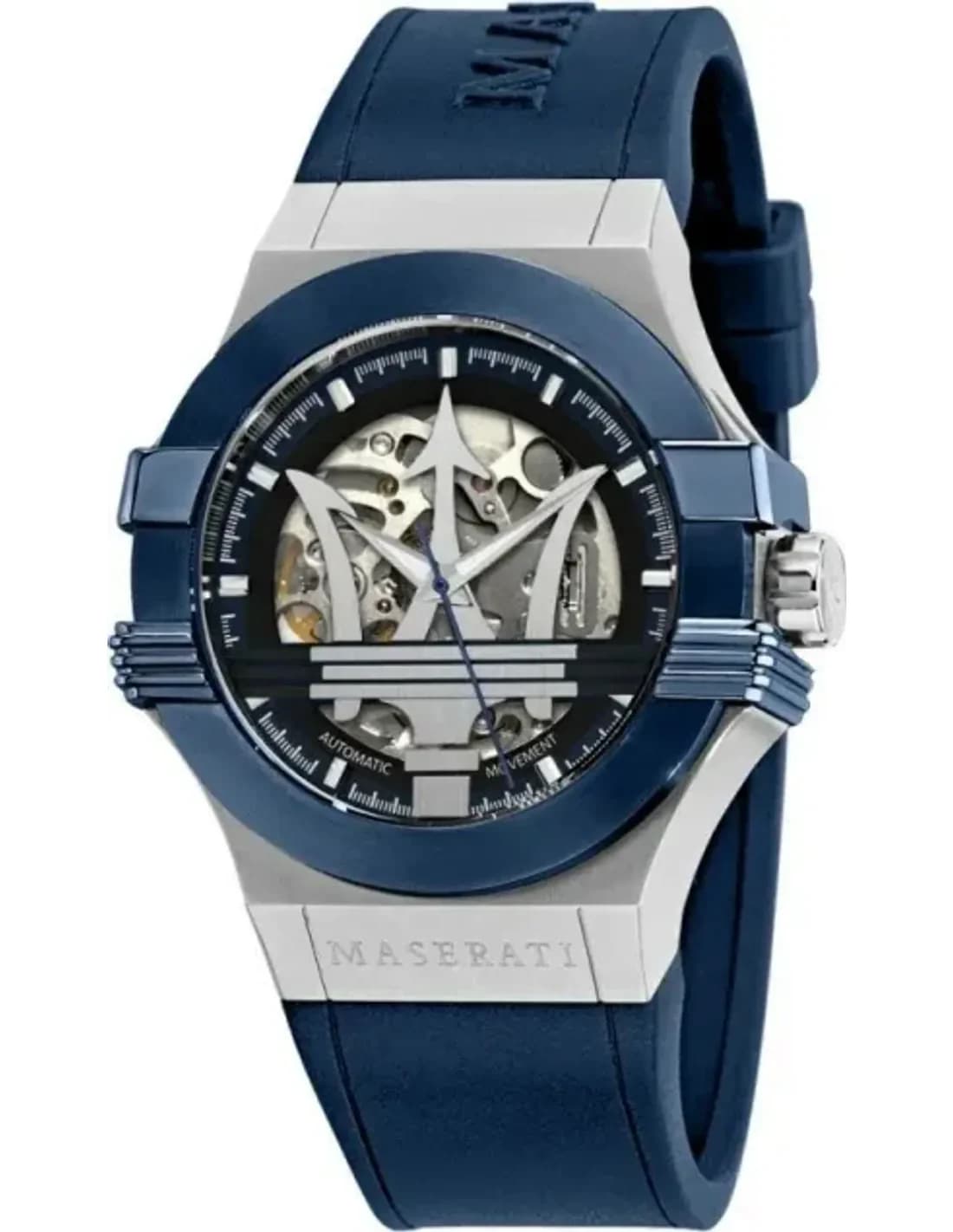 Montre automatique Maserati Potenza R8821108028 cadran squelette bracelet silicone bleu