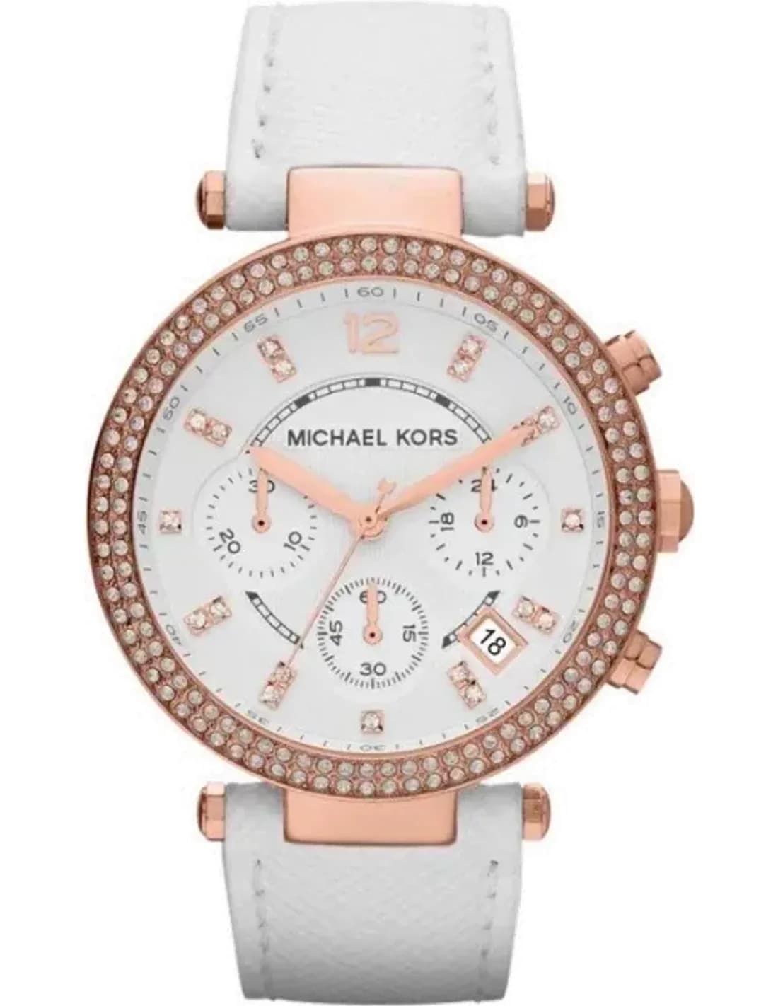 Montre Michael Kors MK2281 Chronographe en Acier Rose Gold et Cuir Blanc