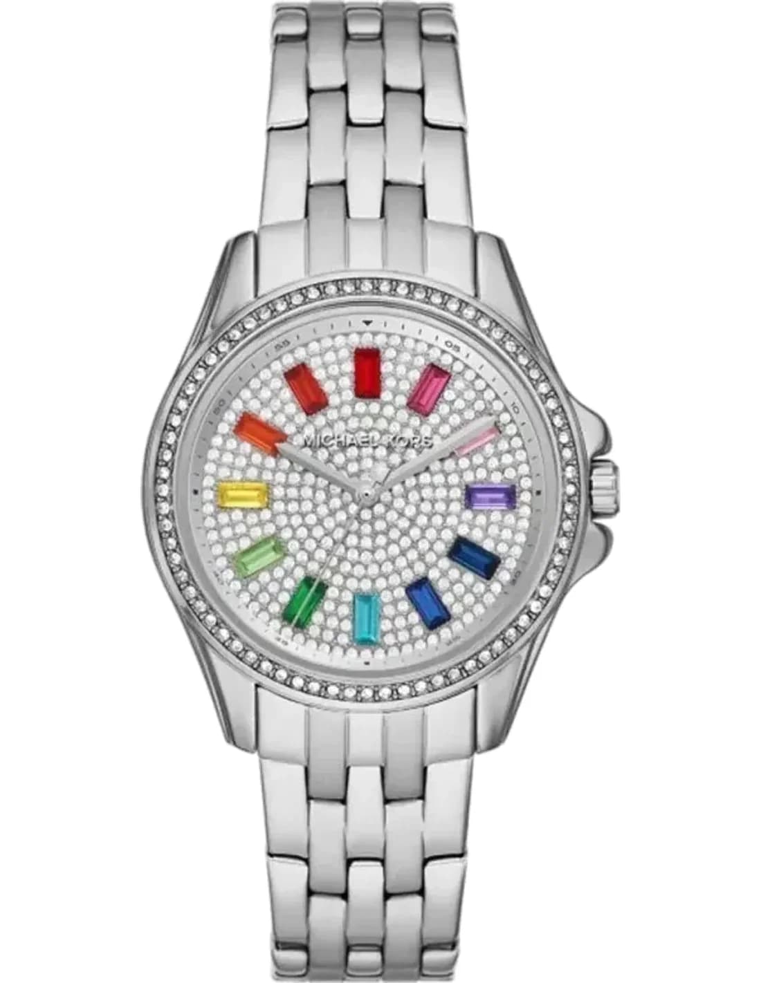 Montre femme Michael Kors Mini Pilot MK7368 Cadran pavé arc-en-ciel et bracelet en acier inoxydable argenté