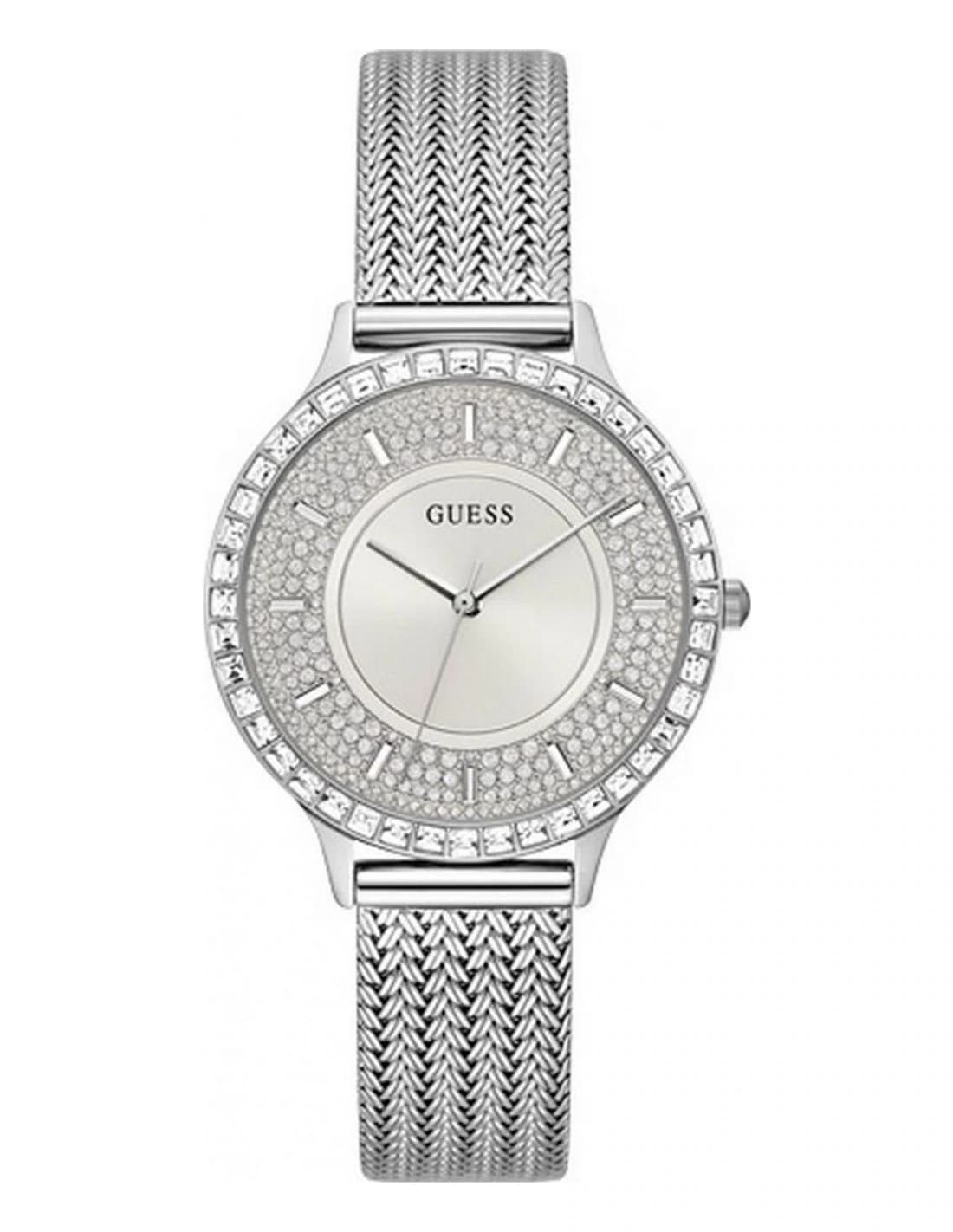 Montre Femme Guess Soiree GW0402L1 boîtier serti de cristaux bracelet maille milanaise acier argenté
