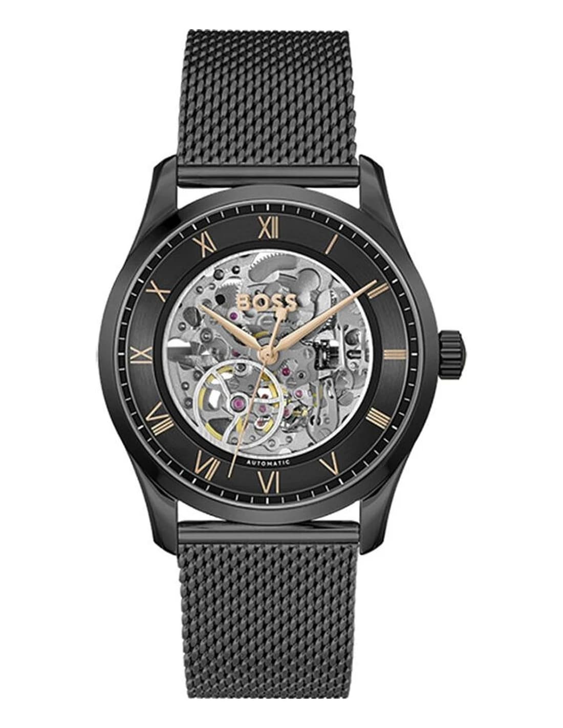 Montre Homme Hugo Boss Automatique Principle Skeleton 1514255 noire bracelet maille milanaise noire
