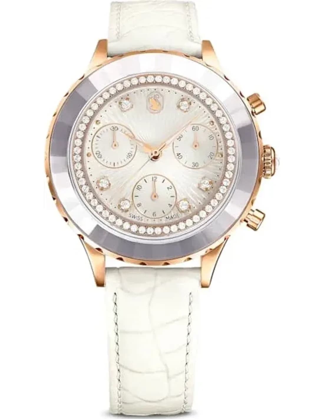 Montre Swarovski 5671150 Octea Chrono Bracelet Cuir Blanc et Cristaux