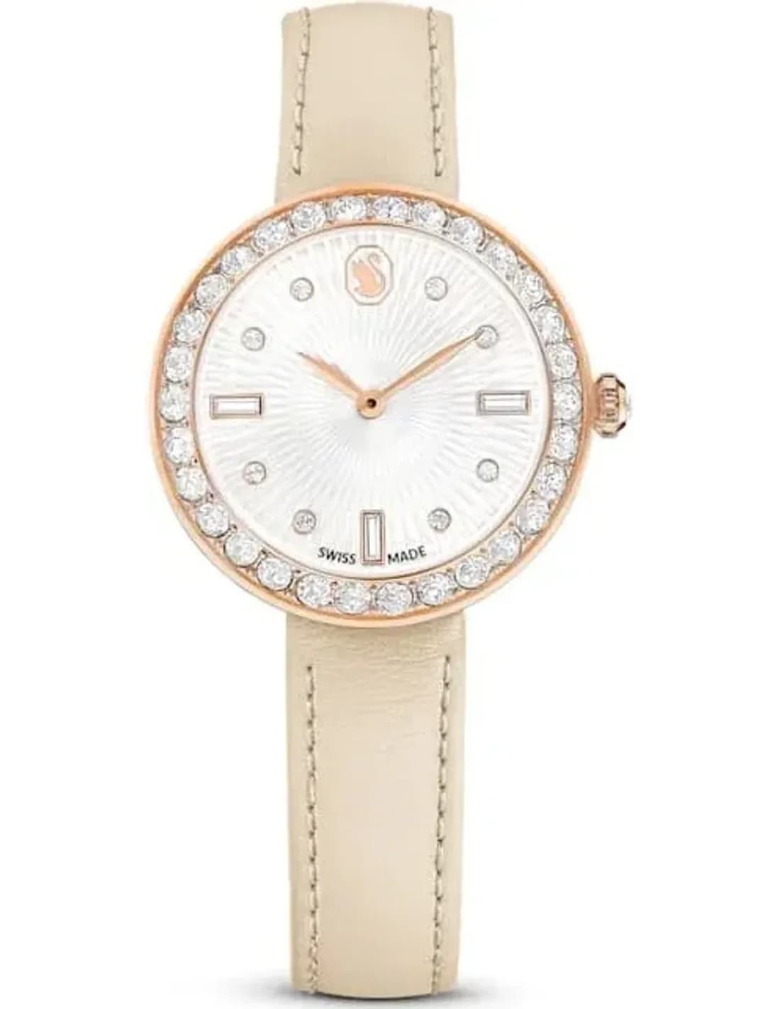 Montre Swarovski Certa 5672968 bracelet en cuir beige cadran guilloché blanc