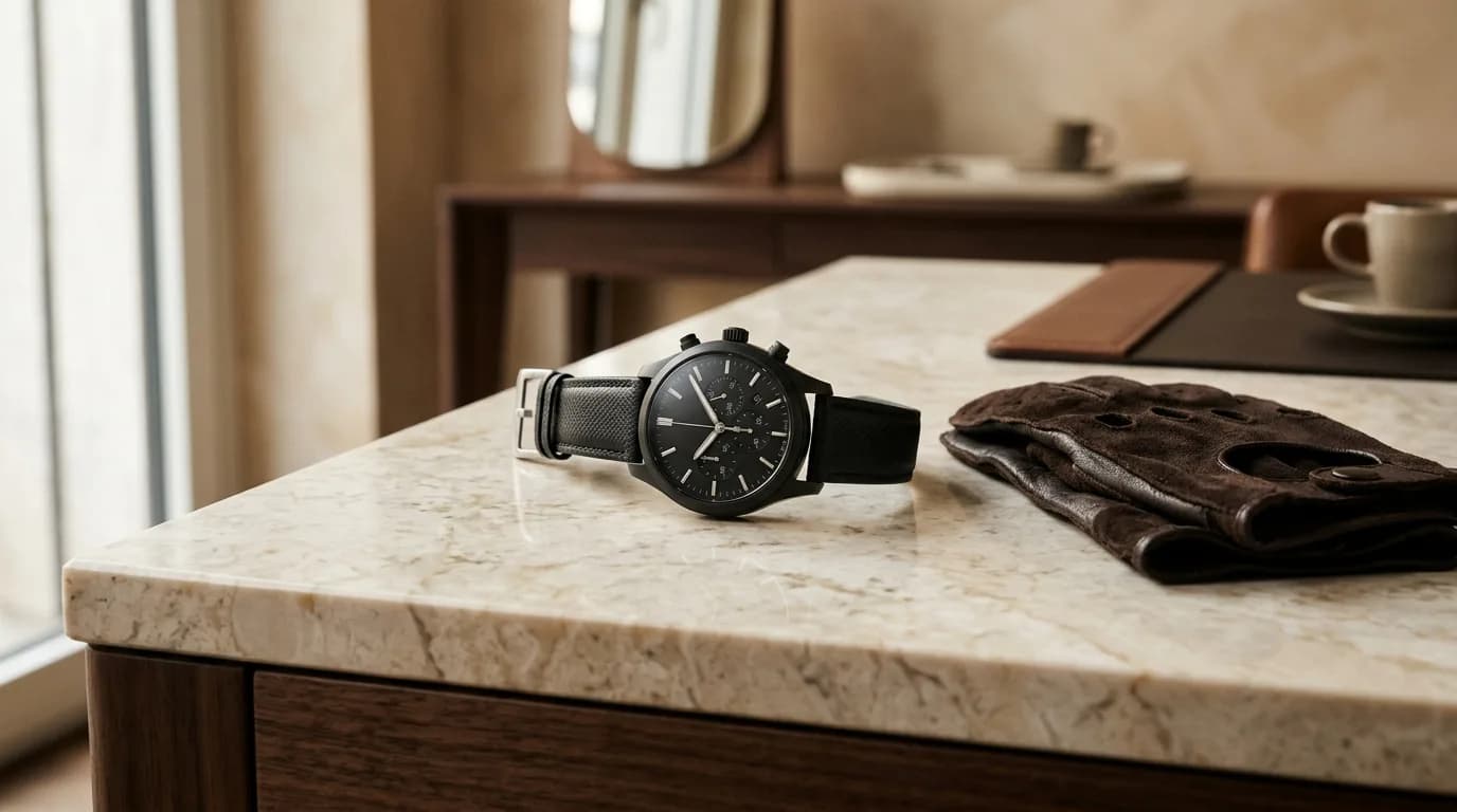 Montre Emporio Armani homme ceramique noire chronographe, composition editoriale - Galerie des Montres