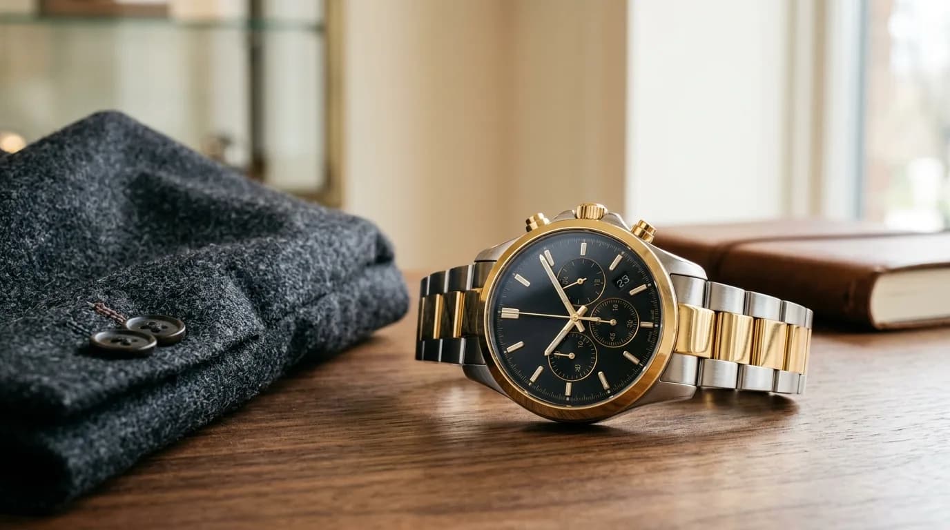 Montre Michael Kors homme chronographe cadran noir bracelet acier dore, composition editoriale - Galerie des Montres