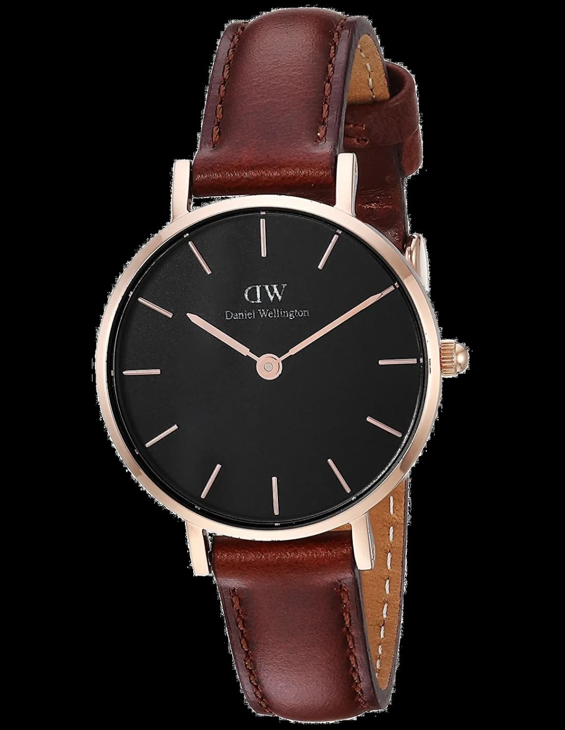 Montre femme Daniel Wellington DW00100225, au cadran noir sur bracelet cuir marron