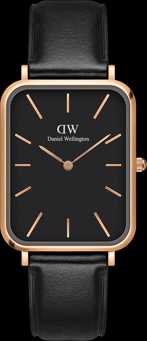 Montre femme Daniel Wellington DW00100449, cadran noir, cuir noir, boîtier rectangulaire or rose