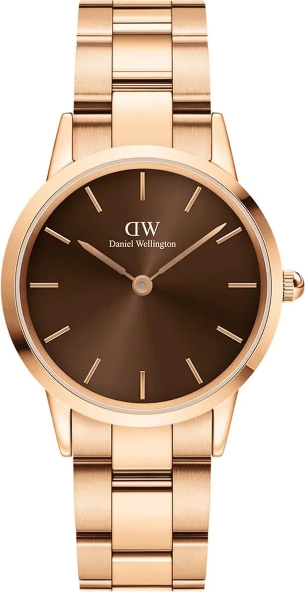 Montre Femme Daniel Wellington Iconic Link DW00100463 bracelet acier or rose cadran marron