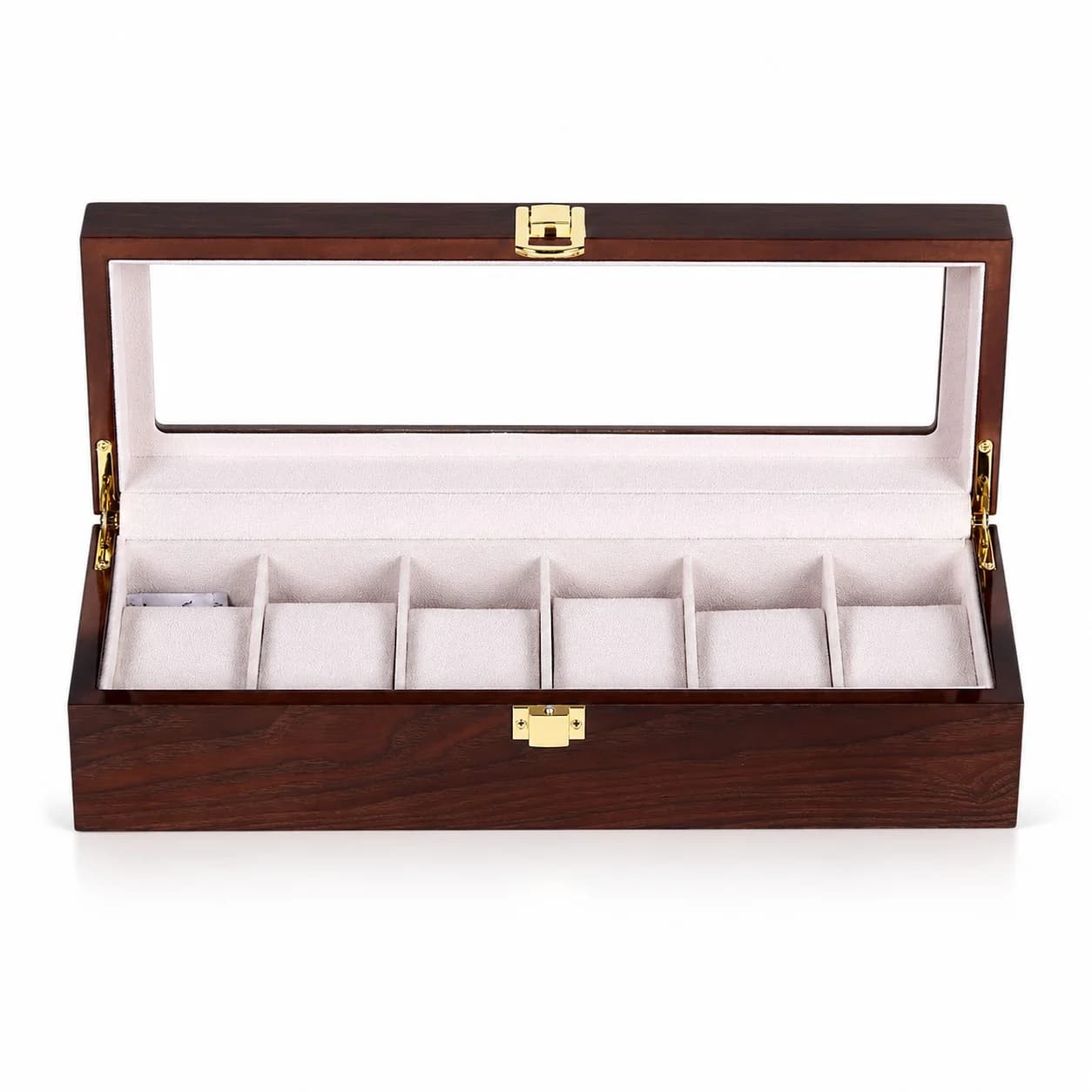 Boîte à montres Gandi marron en bois à 6 compartiments et couvercle vitré