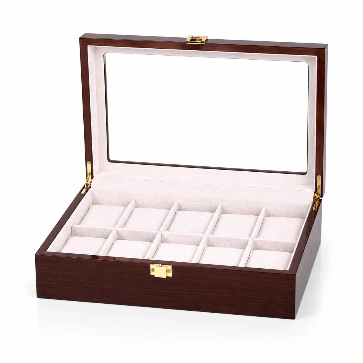 Boîte à montres Gandi marron en bois à 10 compartiments et couvercle vitré