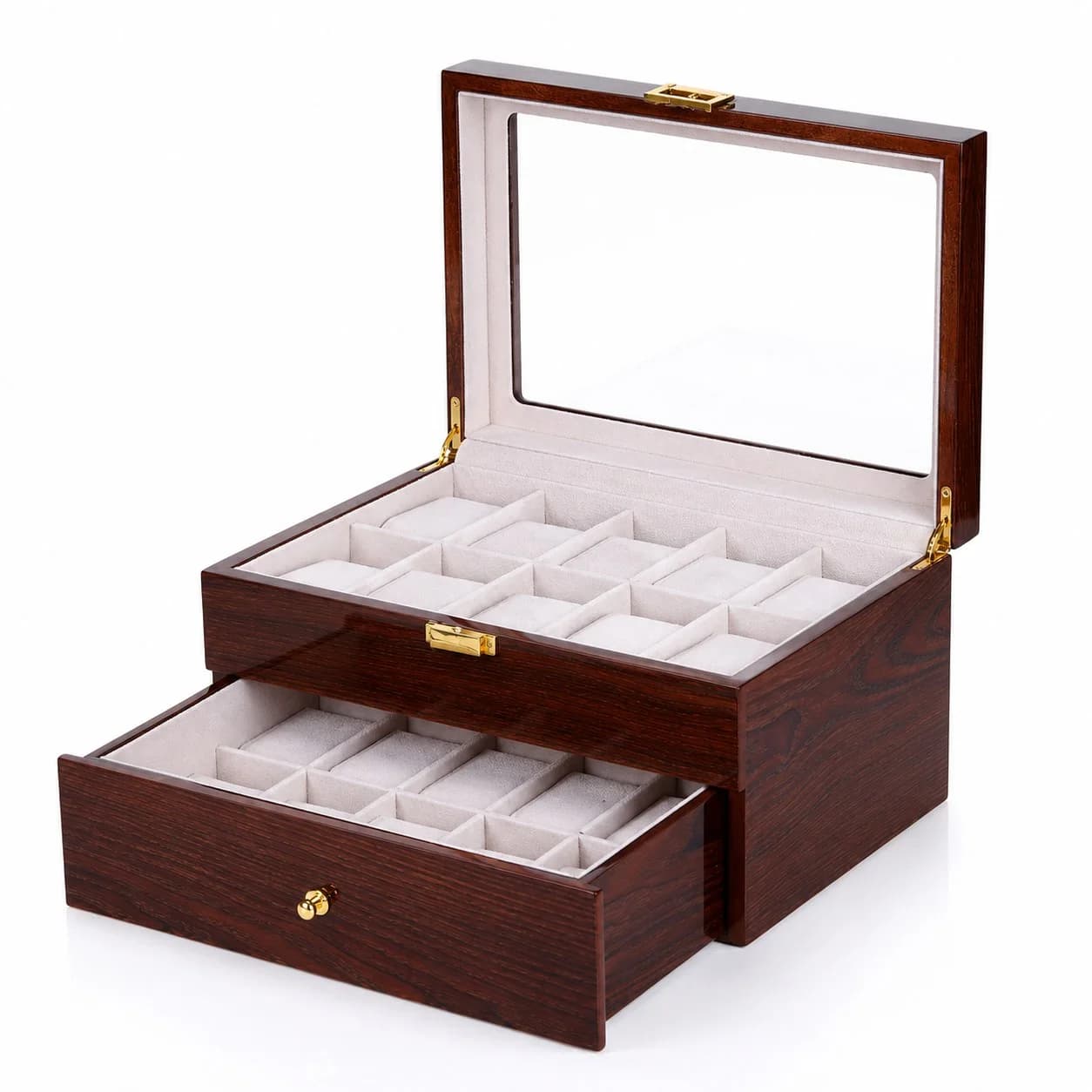 Boîte à montres Gandi marron en bois à 20 compartiments avec tiroir et couvercle vitré