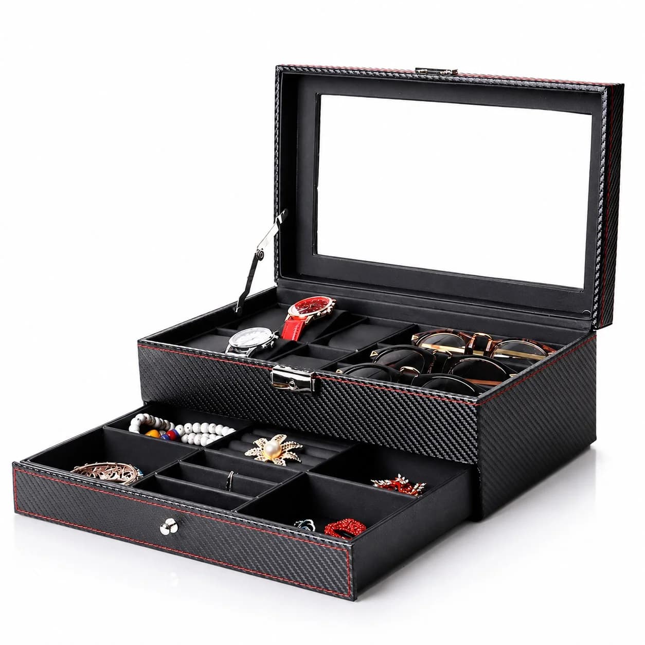 Coffret Monza effet carbone à montres et bijoux avec double tiroir