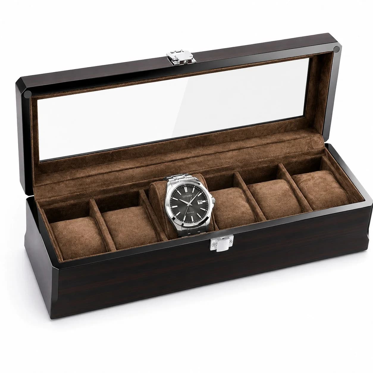 Boîte à montres Milan espresso à 6 compartiments en bois massif