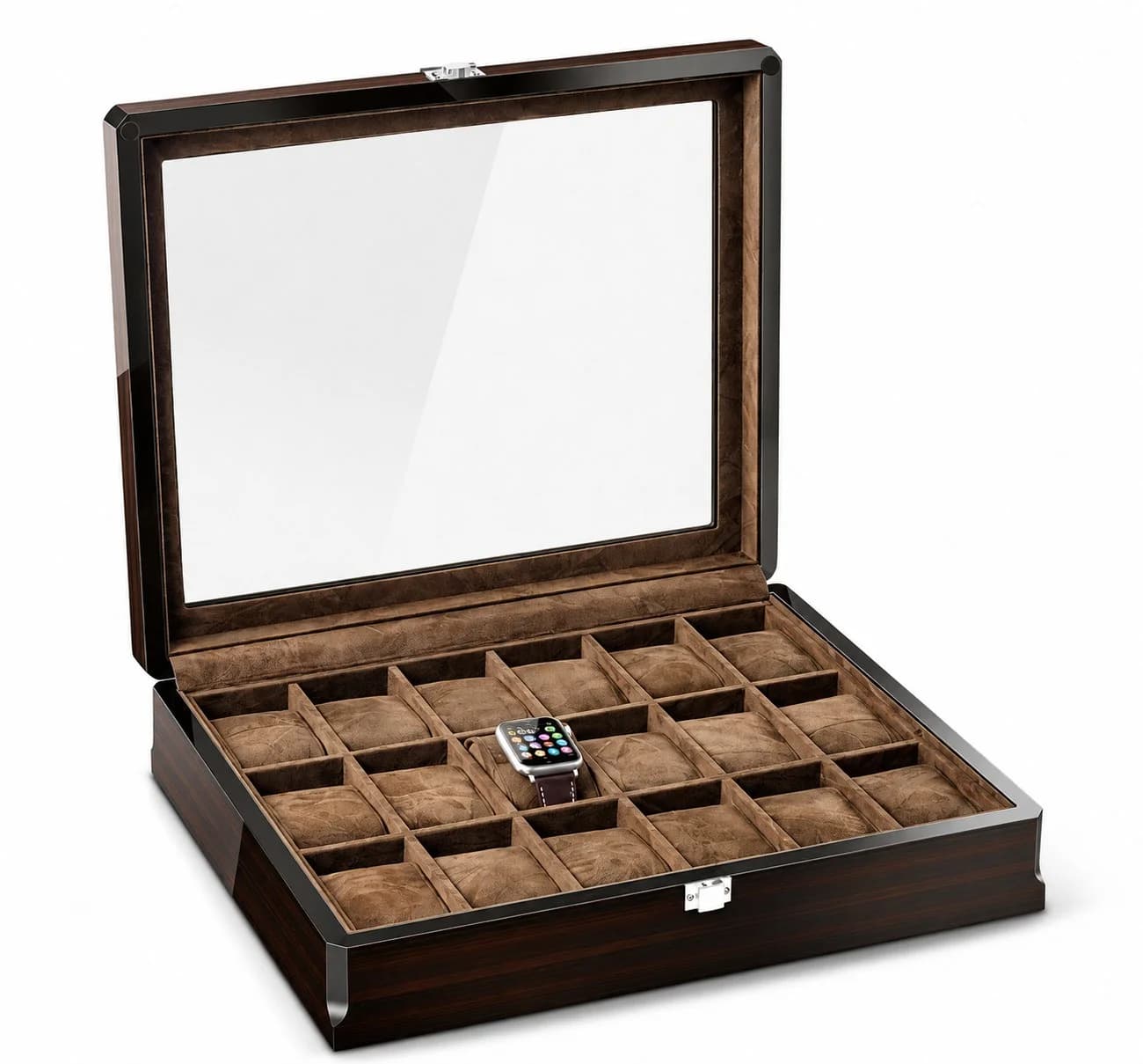 Boîte à montres Milan espresso à 18 compartiments en bois massif