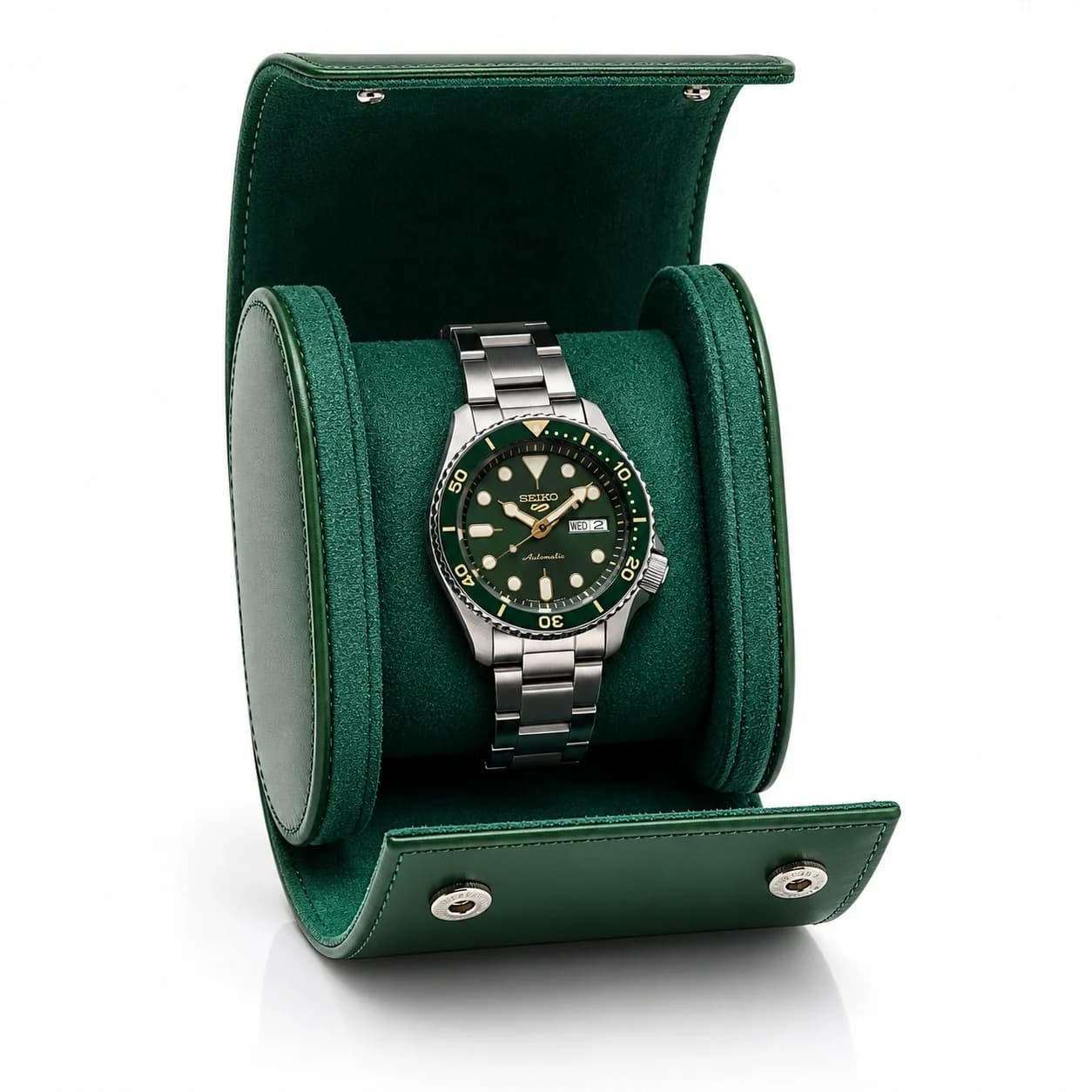 Pochette voyage Trieste verte pour 1 montre, fermeture rabat