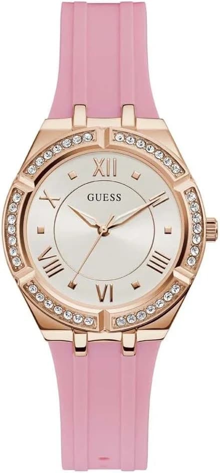 Montre Femme Guess Or Rose 36mm Boîtier GW0034L3 Cadran Blanc Bracelet en Silicone Rose