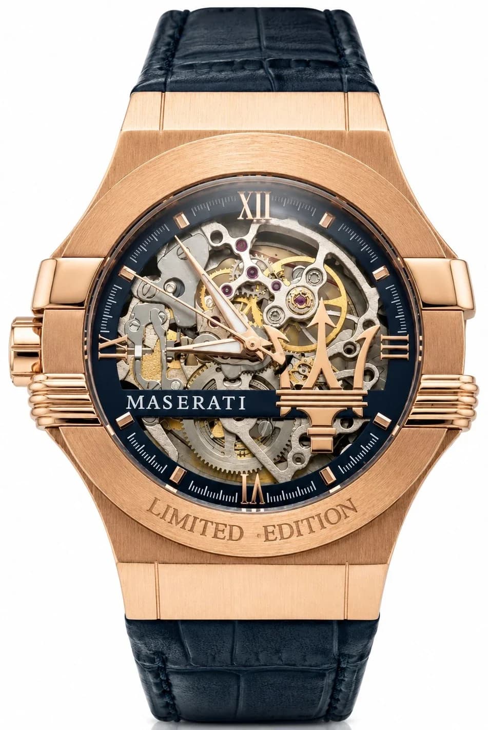 Montre Maserati R8821108022 Automatique Squelette Or Rose et Cuir Bleu