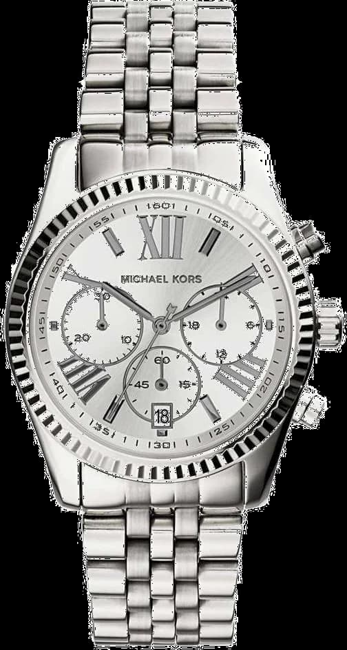 Montre Michael Kors MK5555 avec cadran argenté soleillé, index bâtons et aiguilles luminescentes, style chic et sportif
