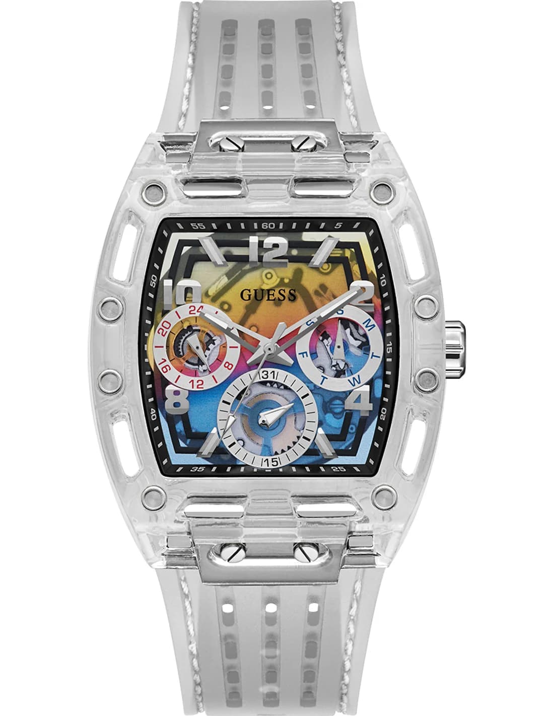 Montre Homme Guess Phoenix GW0499G3 cadran multicolore bracelet silicone transparent